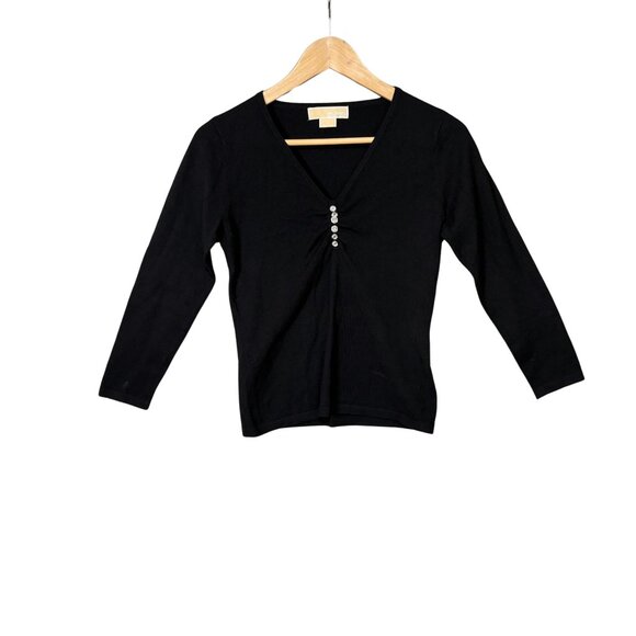 Michael Kors Womens Studded V Neck Pullover Sweater Size Medium Black Bling - Picture 1 of 8